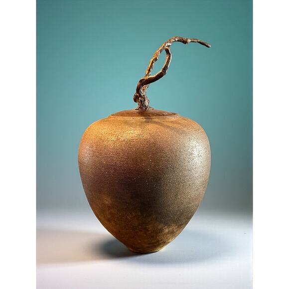 Carol Green Studio Pottery Lidded Jar-Bronze Vine Finial-Art-Raku Clay-Wabi Sabi - Picture 3 of 10